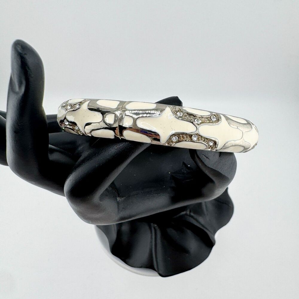 White Enamel Rhinestone Hinged Bangle Bracelet Silver Tone Modern Glam Statement